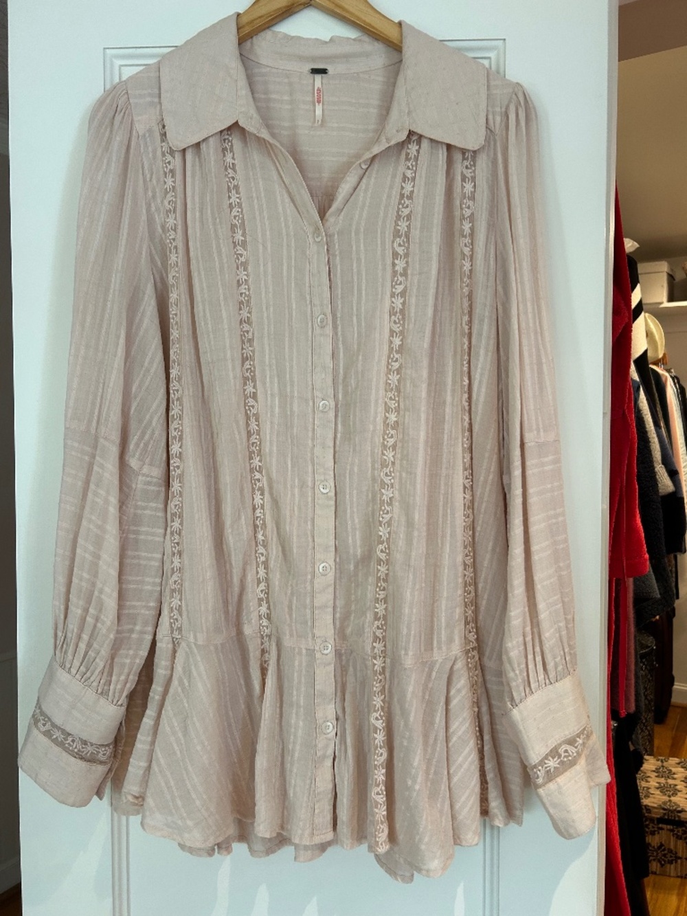 Free People Pink Embroidered Button Front Tunic Blouse Size L